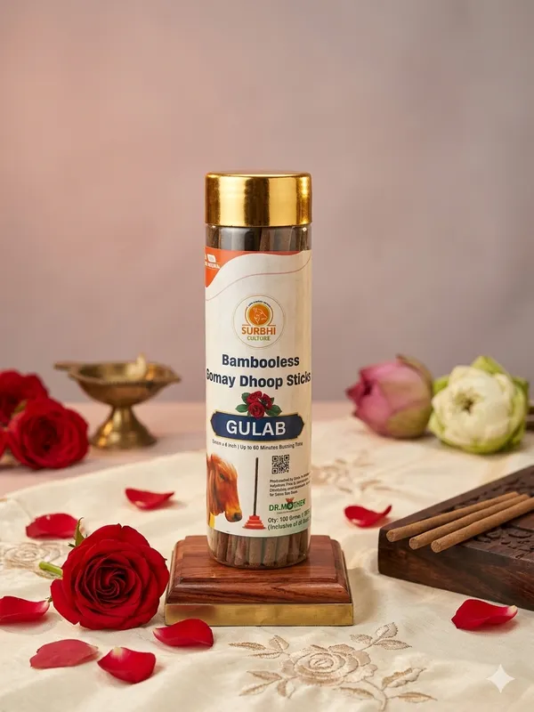 Surbhi_Culture_Suvarna_A2_Ghee_-_Pure_Golden_Clarified_Butter_(Glass_Jar)_And_Bambooless_Gomay_Dhoop_Sticks_Gulab_-_Premium_Incense_For_Pooja_And_Home_Fragrance(30_Sticks)