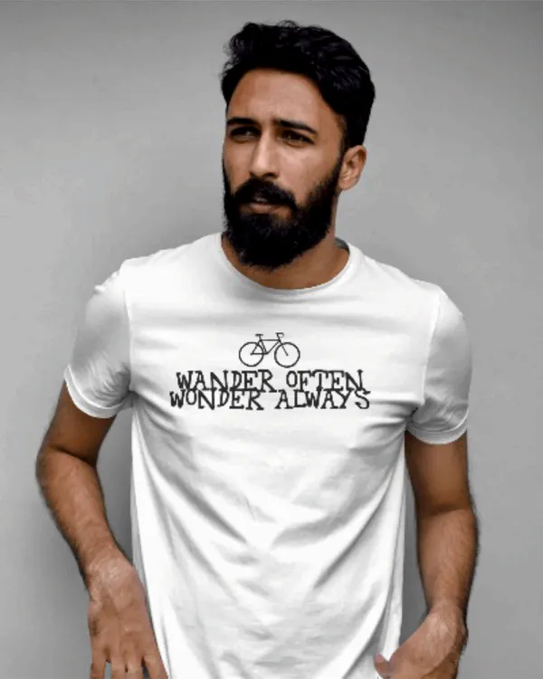 White_Cotton_Wander_Often_Wonder_Always_Bicycle_Print_T-Shirt_For_Unisex