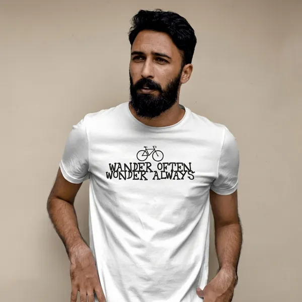 White_Cotton_Wander_Often_Wonder_Always_Bicycle_Print_T-Shirt_For_Unisex