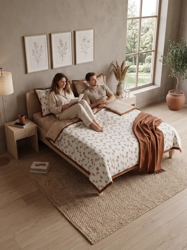 Dohar_Premium_100%_Cotton_Single_Bed_Artisanal_Botanical_Print,_All_Season_Reversible_Blanket,_Soft,_Lightweight_And_Breathable_Ac_Dohar/Quilt/Blanket/For_Bed_Earthy_Mocha