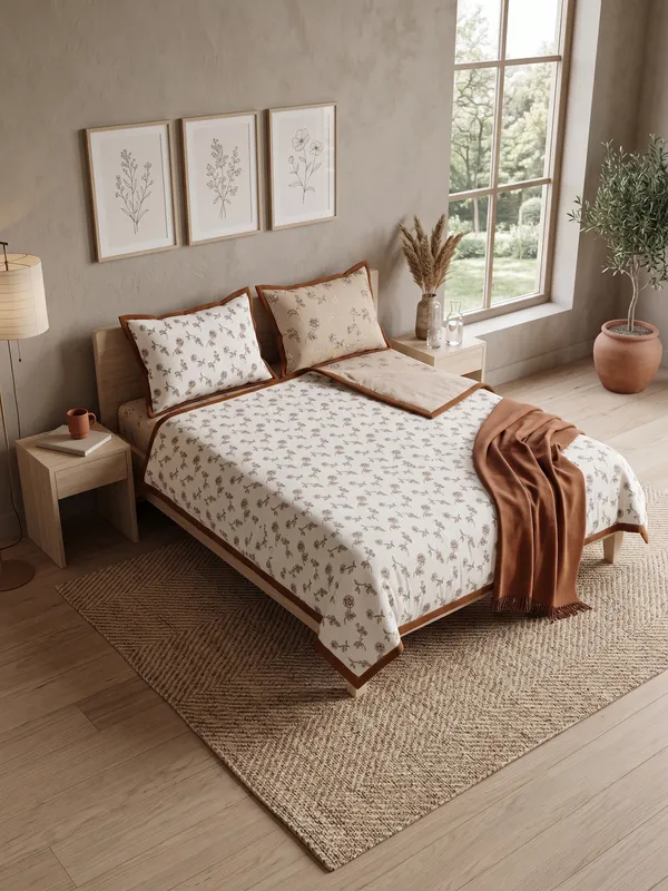 Dohar_Premium_100%_Cotton_Single_Bed_Artisanal_Botanical_Print,_All_Season_Reversible_Blanket,_Soft,_Lightweight_And_Breathable_Ac_Dohar/Quilt/Blanket/For_Bed_Earthy_Mocha