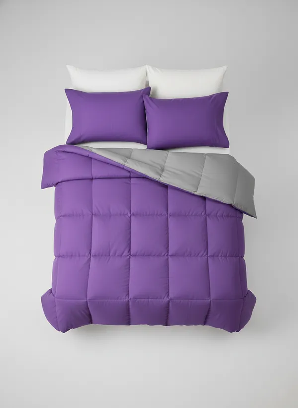 Signature_Reversible_Box-Stitch_Double_Comforter_Premium_Down-Feel_Insert_With_4_Corner_Tabs,_Machine_Washable_(Grey_And_Purple)