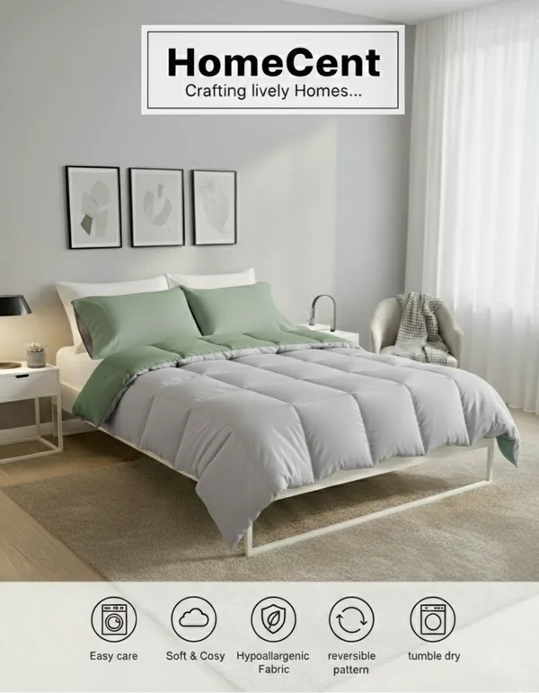 Signature_Reversible_Box-Stitch_singal_Comforter_Premium_Down-Feel_Insert_With_4_Corner_Tabs,_Machine_Washable_(Green_and_Silver)