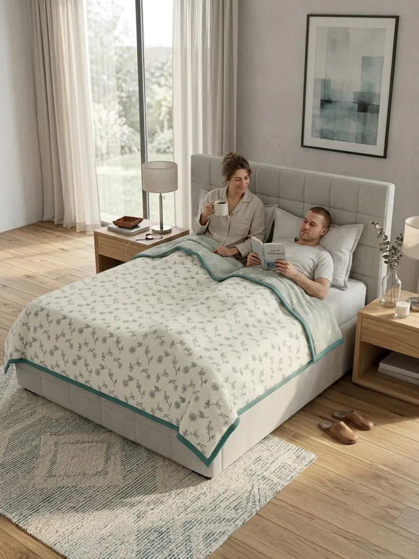 Dohar_Premium_100%_Cotton_Single_Bed_Artisanal_Botanical_Print,_All_Season_Reversible_Blanket,_Soft,_Lightweight_And_Breathable_Ac_Dohar/Quilt/Blanket/For_Bed_Sage_Green