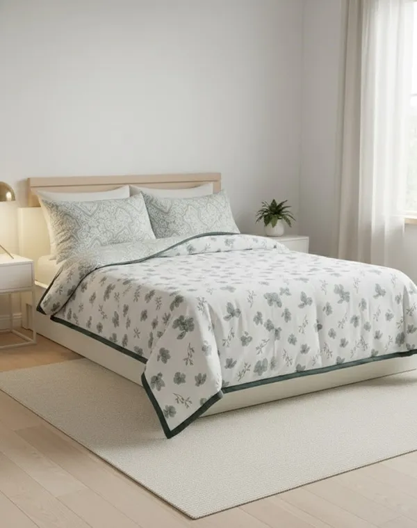 Dohar_Premium_100%_Cotton_Single_Bed_French_Floral_Sprig,_All_Season_Reversible_Blanket,_Soft,_Lightweight_And_Breathable_Ac_Dohar/Quilt/Blanket/For_Bed_Sage_Green