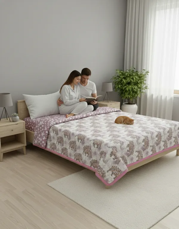 Dohar_Premium_100%_Cotton_Double_Bed_The_Heritage_Trunk,_All_Season_Reversible_Blanket,_Soft,_Lightweight_And_Breathable_Ac_Dohar/Quilt/Blanket/For_Bed_Blanket_Lavender/Pink