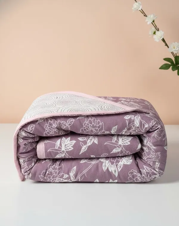 Dohar_Premium_100%_Cotton_Single_Bed_Traditional_Botanical,_All_Season_Reversible_Blanket,_Soft,_Lightweight_And_Breathable_Ac_Dohar/Quilt/Blanket/For_Bed_Mauve/Purple