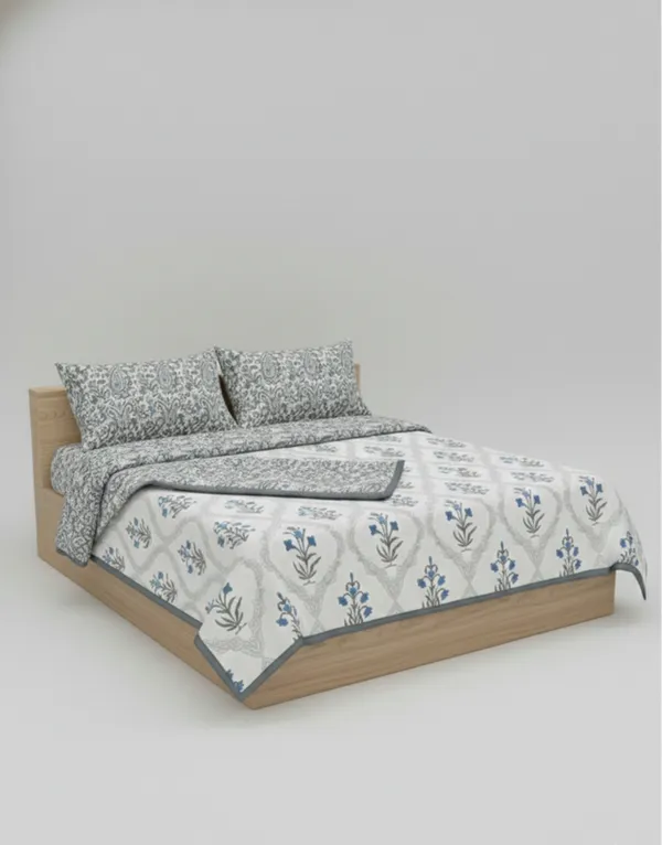 Dohar_Premium_100%_Cotton_Single_Bed_Floral_Ogee_Trellis,_All_Season_Reversible_Blanket,_Soft,_Lightweight_And_Breathable_Ac_Dohar/Quilt/Blanket/For_Bed_Blanket_Blue_&_Grey