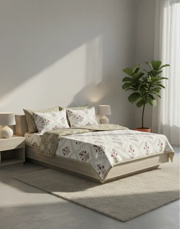Dohar_Premium_100%_Cotton_Single_Bed_Floral_Ogee_Trellis,_All_Season_Reversible_Blanket,_Soft,_Lightweight_And_Breathable_Ac_Dohar/Quilt/Blanket/For_Bed_Blanket_Pink_&_Olive