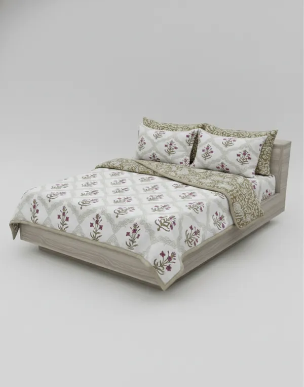 Dohar_Premium_100%_Cotton_Single_Bed_Floral_Ogee_Trellis,_All_Season_Reversible_Blanket,_Soft,_Lightweight_And_Breathable_Ac_Dohar/Quilt/Blanket/For_Bed_Blanket_Pink_&_Olive