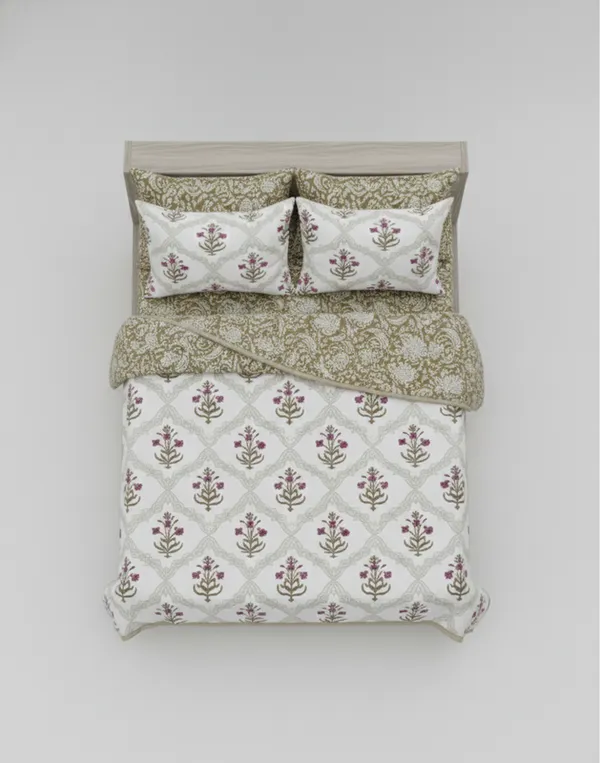 Dohar_Premium_100%_Cotton_Single_Bed_Floral_Ogee_Trellis,_All_Season_Reversible_Blanket,_Soft,_Lightweight_And_Breathable_Ac_Dohar/Quilt/Blanket/For_Bed_Blanket_Pink_&_Olive