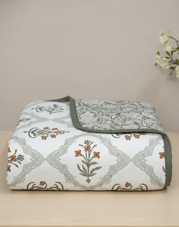Dohar_Premium_100%_Cotton_Single_Bed_Floral_Ogee_Trellis,_All_Season_Reversible_Blanket,_Soft,_Lightweight_And_Breathable_Ac_Dohar/Quilt/Blanket/For_Bed_Blanket_Rust_&_Sage