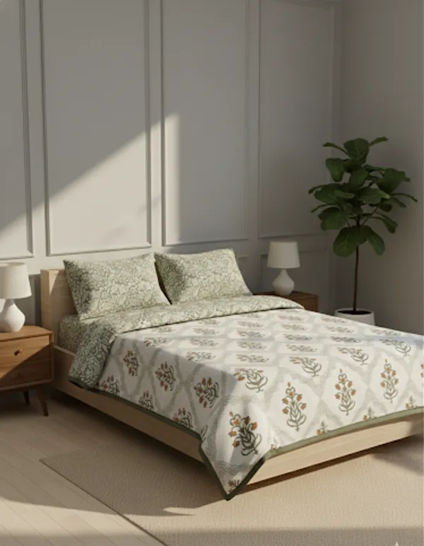 Dohar_Premium_100%_Cotton_Single_Bed_Floral_Ogee_Trellis,_All_Season_Reversible_Blanket,_Soft,_Lightweight_And_Breathable_Ac_Dohar/Quilt/Blanket/For_Bed_Blanket_Rust_&_Sage