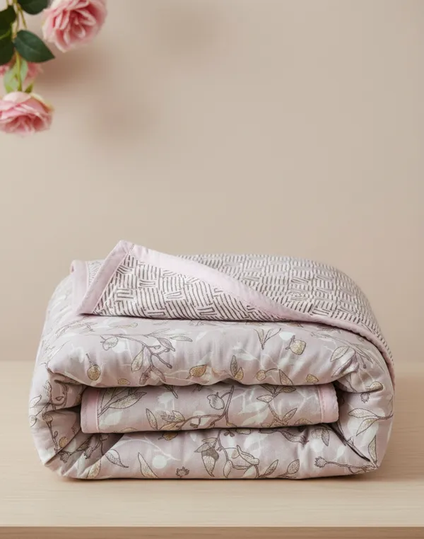 Dohar_Premium_100%_Cotton_Single_Bed_Floral_Sprig_&_Geometric,_All_Season_Reversible_Blanket,_Soft,_Lightweight_And_Breathable_Ac_Dohar/Quilt/Blanket/For_Bed_Dusty_Rose