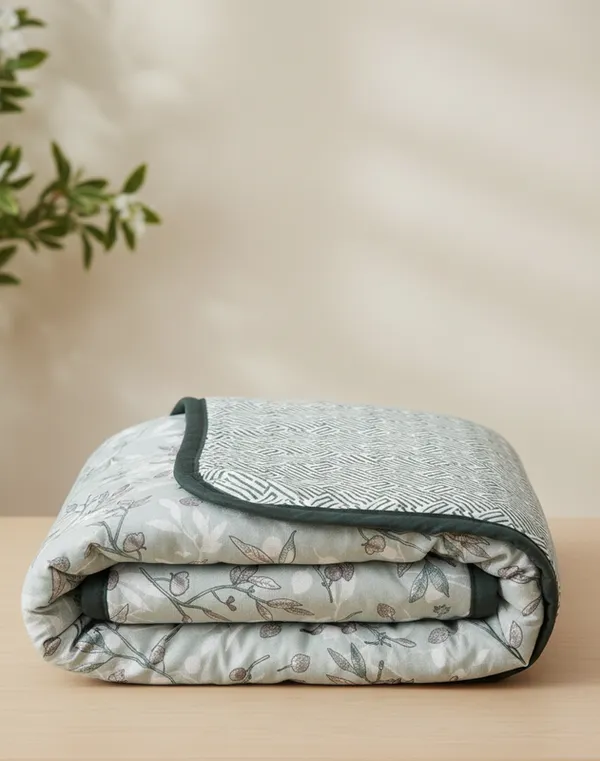 Dohar_Premium_100%_Cotton_Single_Bed_Floral_Sprig_&_Geometric,_All_Season_Reversible_Blanket,_Soft,_Lightweight_And_Breathable_Ac_Dohar/Quilt/Blanket/For_Bed_Sage_Green