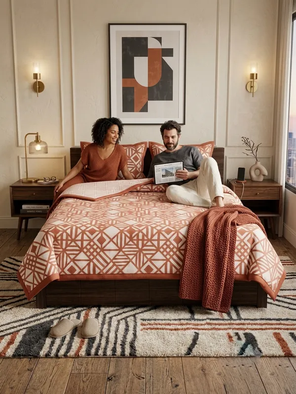 Dohar_Premium_100%_Cotton_Single_Bed_Geometric_Framework,_All_Season_Reversible_Blanket,_Soft,_Lightweight_And_Breathable_Ac_Dohar/Quilt/Blanket/For_Bed_Peach