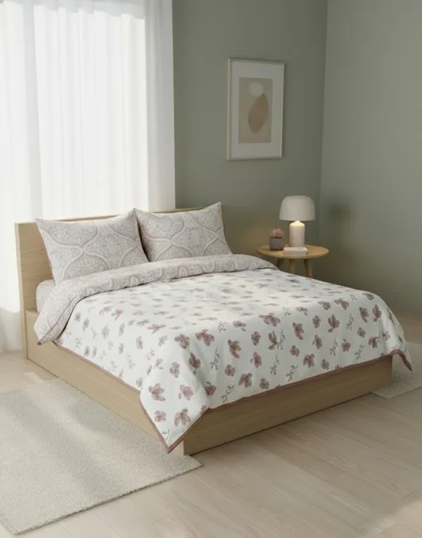 Dohar_Premium_100%_Cotton_Single_Bed_French_Floral_Sprig,_All_Season_Reversible_Blanket,_Soft,_Lightweight_And_Breathable_Ac_Dohar/Quilt/Blanket/For_Bed_Rose_Pink