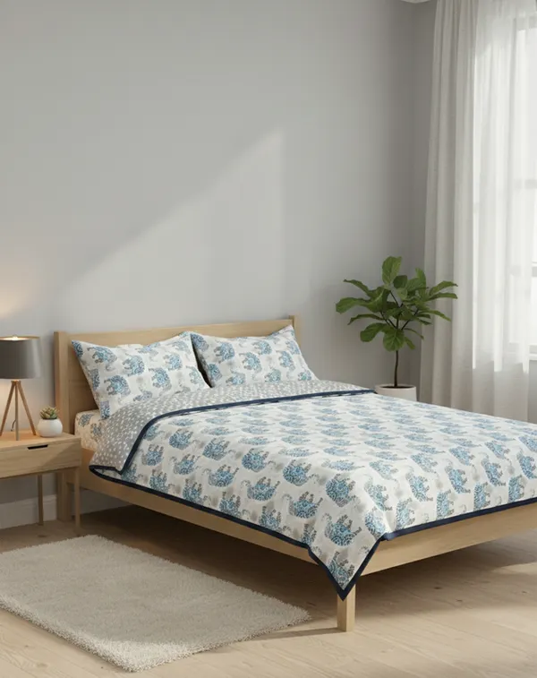 Dohar_Premium_100%_Cotton_Single_Bed_The_Heritage_Trunk,_All_Season_Reversible_Blanket,_Soft,_Lightweight_And_Breathable_Ac_Dohar/Quilt/Blanket/For_Bed_Grey/Blue