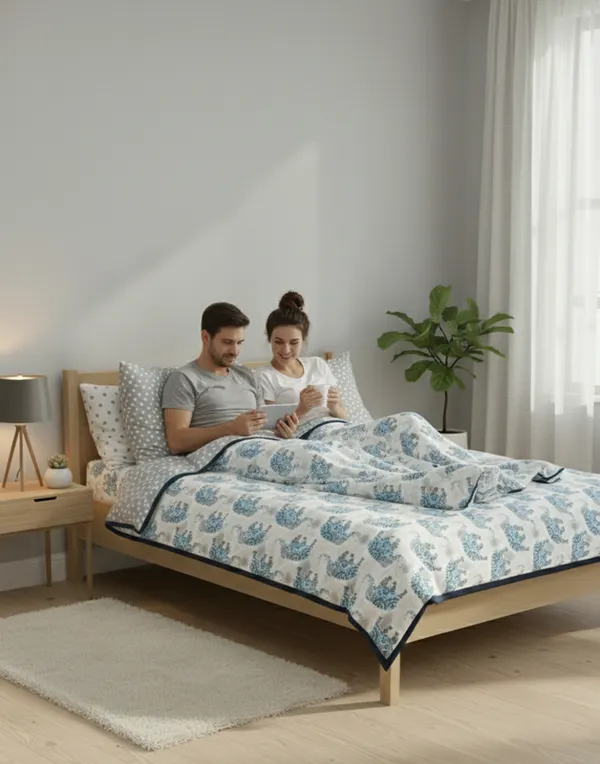 Dohar_Premium_100%_Cotton_Single_Bed_The_Heritage_Trunk,_All_Season_Reversible_Blanket,_Soft,_Lightweight_And_Breathable_Ac_Dohar/Quilt/Blanket/For_Bed_Grey/Blue