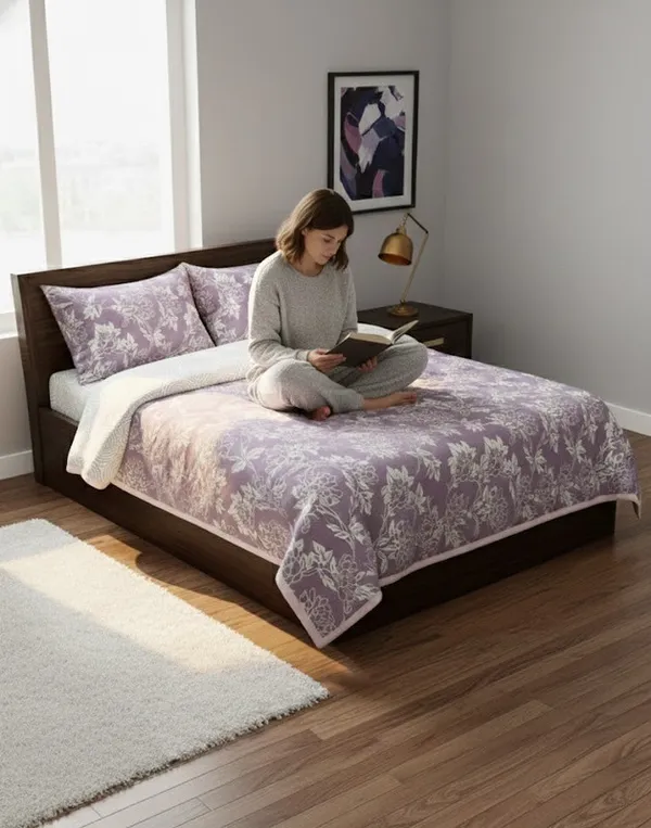 Dohar_Premium_100%_Cotton_Double_Bed_Traditional_Botanical,_All_Season_Reversible_Blanket,_Soft,_Lightweight_And_Breathable_Ac_Dohar/Quilt/Blanket/For_Bed_Mauve/Purple