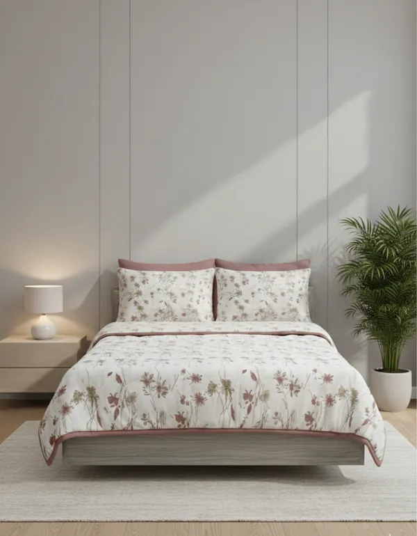 Dohar_Premium_100%_Cotton_Double_Bed_Botanical_Sketch,_All_Season_Reversible_Blanket,_Soft,_Lightweight_And_Breathable_Ac_Dohar/Quilt/Blanket/For_Bed_Blanket_Pink/Rose