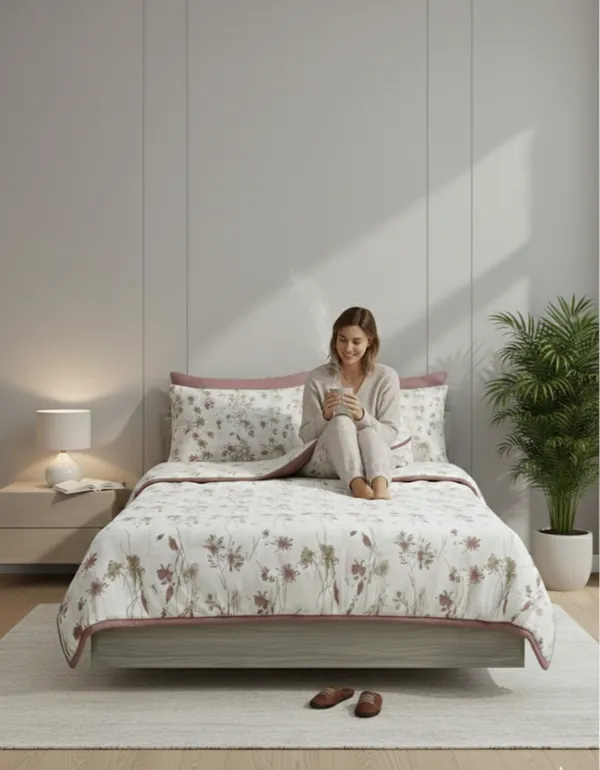 Dohar_Premium_100%_Cotton_Double_Bed_Botanical_Sketch,_All_Season_Reversible_Blanket,_Soft,_Lightweight_And_Breathable_Ac_Dohar/Quilt/Blanket/For_Bed_Blanket_Pink/Rose