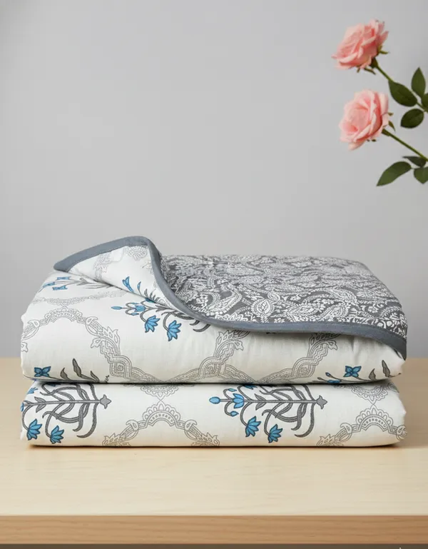 Dohar_Premium_100%_Cotton_Double_Bed_Floral_Ogee_Trellis,_All_Season_Reversible_Blanket,_Soft,_Lightweight_And_Breathable_Ac_Dohar/Quilt/Blanket/For_Bed_Blanket_Blue_&_Grey