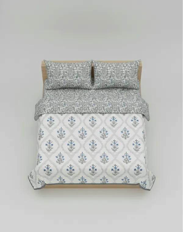 Dohar_Premium_100%_Cotton_Double_Bed_Floral_Ogee_Trellis,_All_Season_Reversible_Blanket,_Soft,_Lightweight_And_Breathable_Ac_Dohar/Quilt/Blanket/For_Bed_Blanket_Blue_&_Grey