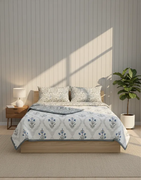 Dohar_Premium_100%_Cotton_Double_Bed_Floral_Ogee_Trellis,_All_Season_Reversible_Blanket,_Soft,_Lightweight_And_Breathable_Ac_Dohar/Quilt/Blanket/For_Bed_Blanket_Blue_&_Grey