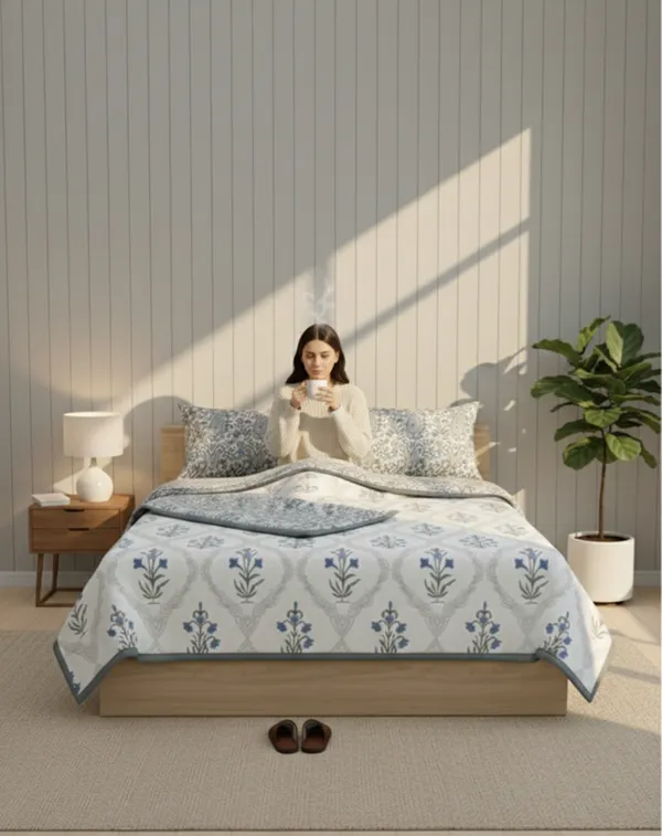 Dohar_Premium_100%_Cotton_Double_Bed_Floral_Ogee_Trellis,_All_Season_Reversible_Blanket,_Soft,_Lightweight_And_Breathable_Ac_Dohar/Quilt/Blanket/For_Bed_Blanket_Blue_&_Grey