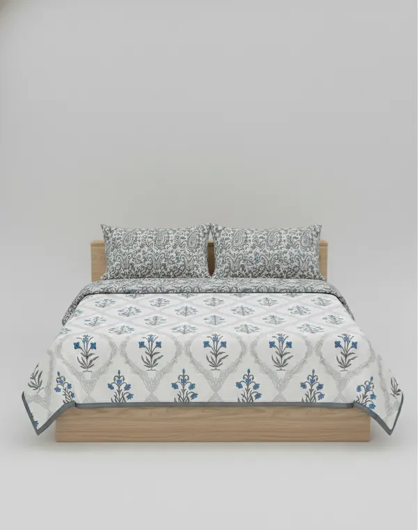 Dohar_Premium_100%_Cotton_Double_Bed_Floral_Ogee_Trellis,_All_Season_Reversible_Blanket,_Soft,_Lightweight_And_Breathable_Ac_Dohar/Quilt/Blanket/For_Bed_Blanket_Blue_&_Grey