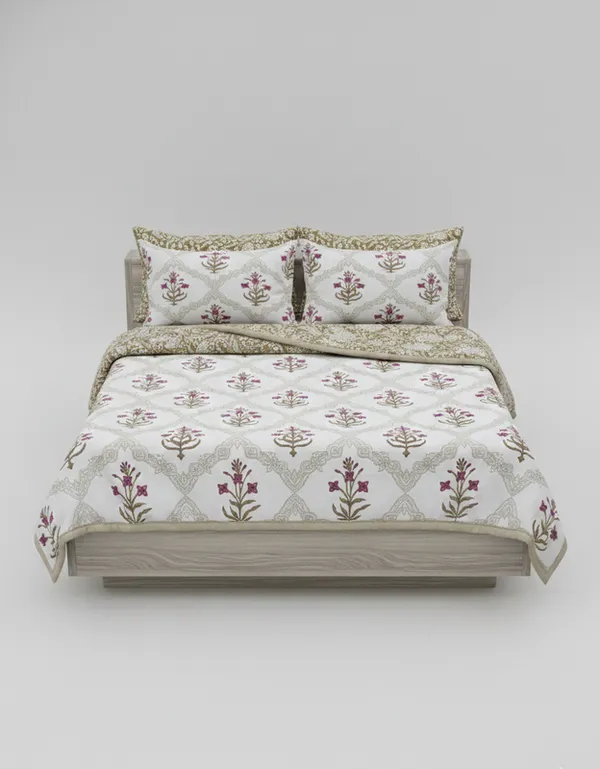 Dohar_Premium_100%_Cotton_Double_Bed_Floral_Ogee_Trellis,_All_Season_Reversible_Blanket,_Soft,_Lightweight_And_Breathable_Ac_Dohar/Quilt/Blanket/For_Bed_Blanket_Pink_&_Olive
