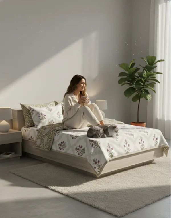 Dohar_Premium_100%_Cotton_Double_Bed_Floral_Ogee_Trellis,_All_Season_Reversible_Blanket,_Soft,_Lightweight_And_Breathable_Ac_Dohar/Quilt/Blanket/For_Bed_Blanket_Pink_&_Olive