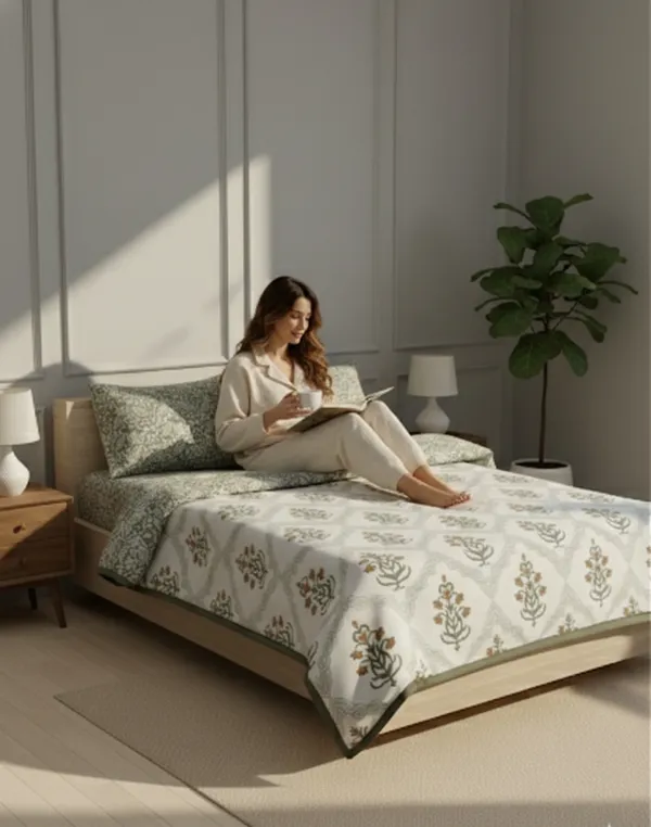 Dohar_Premium_100%_Cotton_Double_Bed_Floral_Ogee_Trellis,_All_Season_Reversible_Blanket,_Soft,_Lightweight_And_Breathable_Ac_Dohar/Quilt/Blanket/For_Bed_Blanket_Rust_&_Sage
