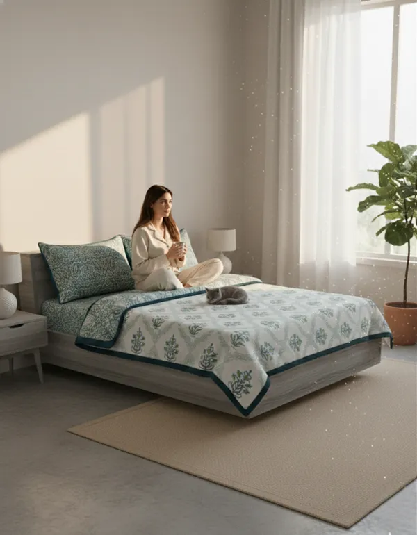 Dohar_Premium_100%_Cotton_Double_Bed_Floral_Ogee_Trellis,_All_Season_Reversible_Blanket,_Soft,_Lightweight_And_Breathable_Ac_Dohar/Quilt/Blanket/For_Bed_Blanket_Teal_&_Green