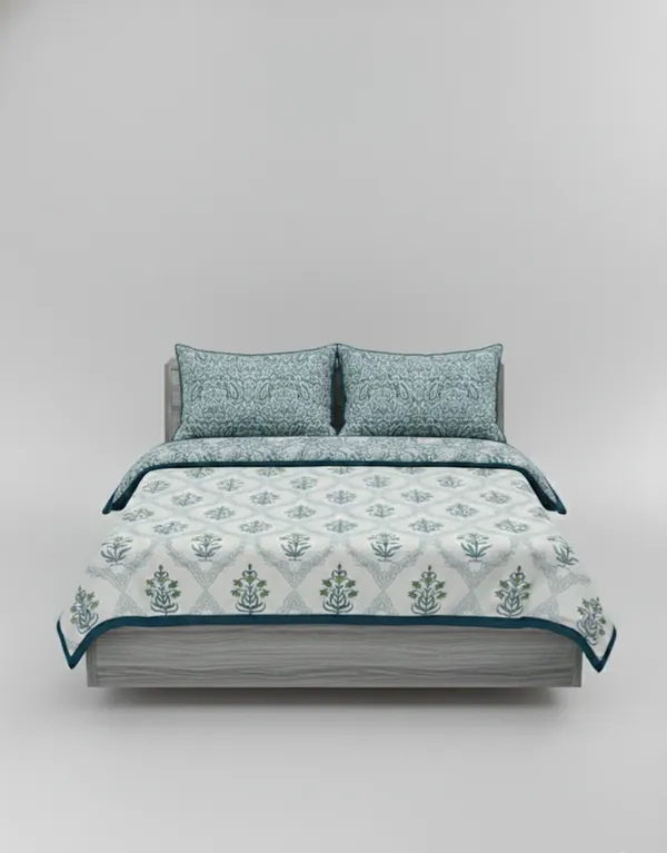 Dohar_Premium_100%_Cotton_Double_Bed_Floral_Ogee_Trellis,_All_Season_Reversible_Blanket,_Soft,_Lightweight_And_Breathable_Ac_Dohar/Quilt/Blanket/For_Bed_Blanket_Teal_&_Green