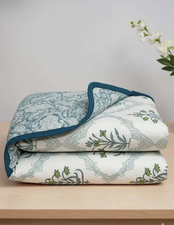 Dohar_Premium_100%_Cotton_Double_Bed_Floral_Ogee_Trellis,_All_Season_Reversible_Blanket,_Soft,_Lightweight_And_Breathable_Ac_Dohar/Quilt/Blanket/For_Bed_Blanket_Teal_&_Green