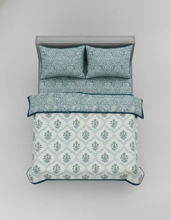 Dohar_Premium_100%_Cotton_Double_Bed_Floral_Ogee_Trellis,_All_Season_Reversible_Blanket,_Soft,_Lightweight_And_Breathable_Ac_Dohar/Quilt/Blanket/For_Bed_Blanket_Teal_&_Green