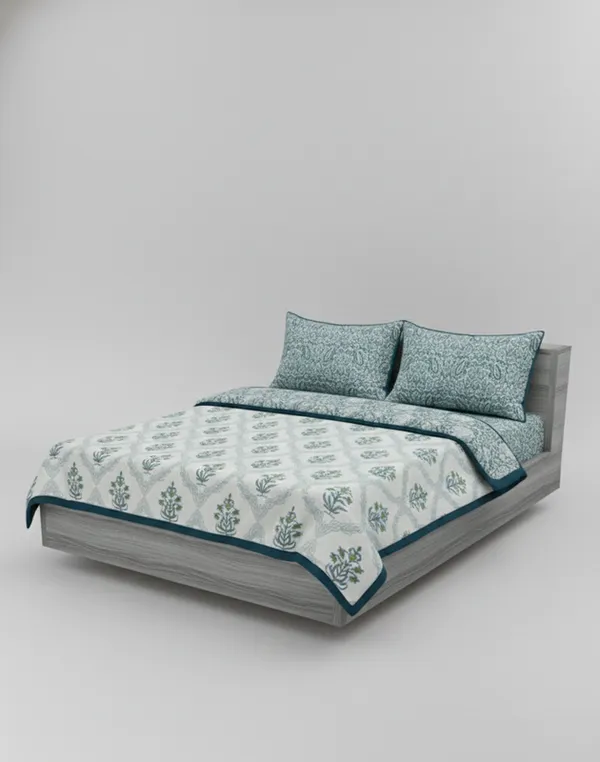 Dohar_Premium_100%_Cotton_Double_Bed_Floral_Ogee_Trellis,_All_Season_Reversible_Blanket,_Soft,_Lightweight_And_Breathable_Ac_Dohar/Quilt/Blanket/For_Bed_Blanket_Teal_&_Green