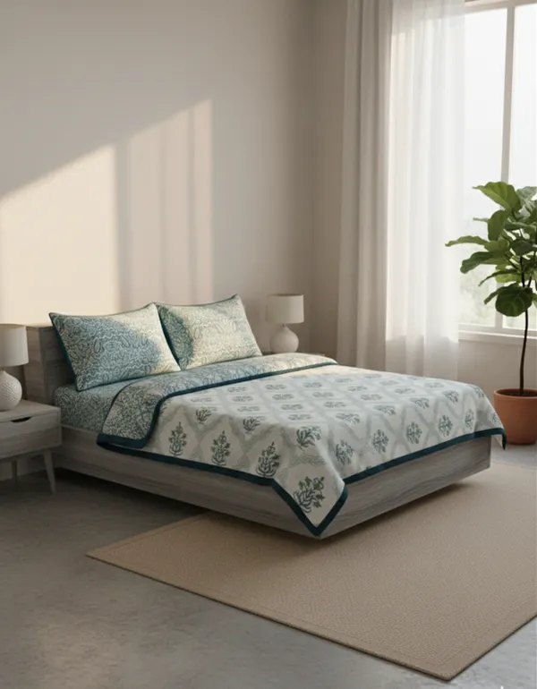 Dohar_Premium_100%_Cotton_Double_Bed_Floral_Ogee_Trellis,_All_Season_Reversible_Blanket,_Soft,_Lightweight_And_Breathable_Ac_Dohar/Quilt/Blanket/For_Bed_Blanket_Teal_&_Green