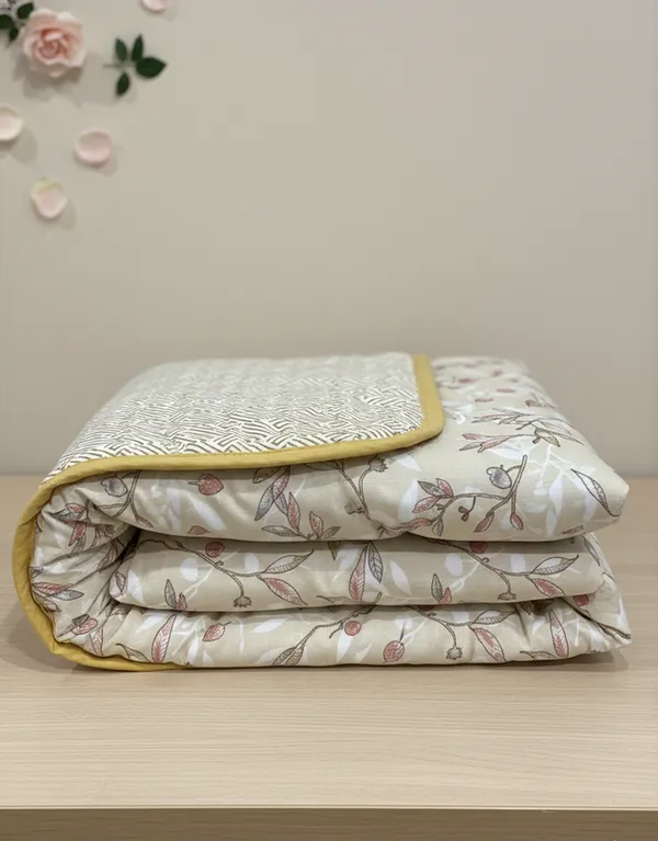 Dohar_Premium_100%_Cotton_Double_Bed_Floral_Sprig_&_Geometric,_All_Season_Reversible_Blanket,_Soft,_Lightweight_And_Breathable_Ac_Dohar/Quilt/Blanket/For_Bed_Sandy_Gold