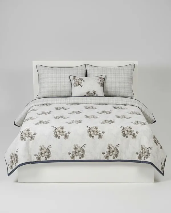 Dohar_Premium_100%_Cotton_Double_Bed_Botanical_Cherry_Blossom_With_Windowpane_Plaid_All_Season_Reversible_Blanket_Lightweight_And_Breathable_Ac_Blanket/For_Bed_Charcoal_Grey