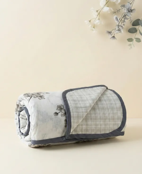 Dohar_Premium_100%_Cotton_Double_Bed_Botanical_Cherry_Blossom_With_Windowpane_Plaid_All_Season_Reversible_Blanket_Lightweight_And_Breathable_Ac_Blanket/For_Bed_Charcoal_Grey