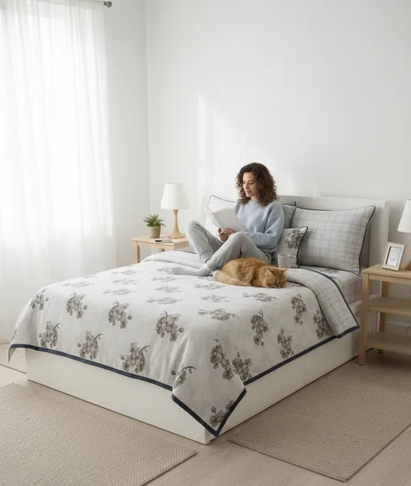 Dohar_Premium_100%_Cotton_Double_Bed_Botanical_Cherry_Blossom_With_Windowpane_Plaid_All_Season_Reversible_Blanket_Lightweight_And_Breathable_Ac_Blanket/For_Bed_Charcoal_Grey