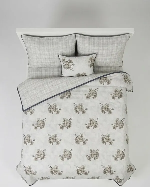 Dohar_Premium_100%_Cotton_Double_Bed_Botanical_Cherry_Blossom_With_Windowpane_Plaid_All_Season_Reversible_Blanket_Lightweight_And_Breathable_Ac_Blanket/For_Bed_Charcoal_Grey