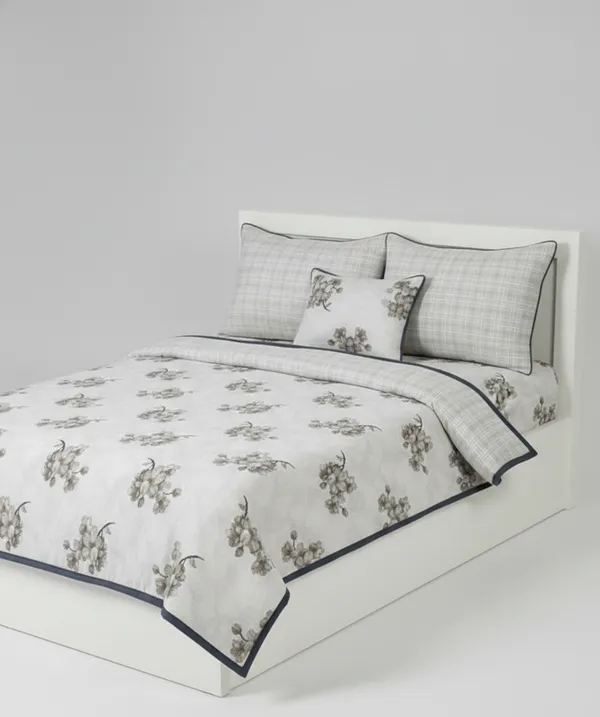 Dohar_Premium_100%_Cotton_Double_Bed_Botanical_Cherry_Blossom_With_Windowpane_Plaid_All_Season_Reversible_Blanket_Lightweight_And_Breathable_Ac_Blanket/For_Bed_Charcoal_Grey