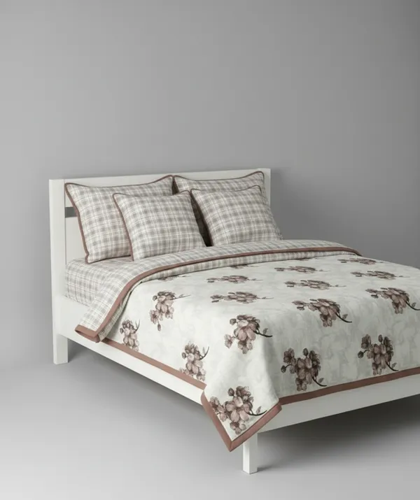 Dohar_Premium_100%_Cotton_Double_Bed_Botanical_Cherry_Blossom_With_Windowpane_Plaid_All_Season_Reversible_Blanket_Lightweight_And_Breathable_Ac_Blanket/For_Bed_Mocha_Brown