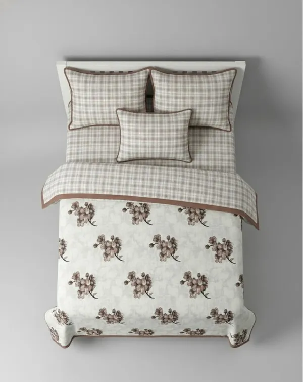 Dohar_Premium_100%_Cotton_Double_Bed_Botanical_Cherry_Blossom_With_Windowpane_Plaid_All_Season_Reversible_Blanket_Lightweight_And_Breathable_Ac_Blanket/For_Bed_Mocha_Brown