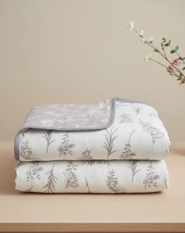 Dohar_Premium_100%_Cotton_Double_Bed_Wildflower_Meadow,_All_Season_Reversible_Blanket,_Soft,_Lightweight_And_Breathable_Ac_Dohar/Quilt/Blanket/For_Bed_Oatmeal_Beige