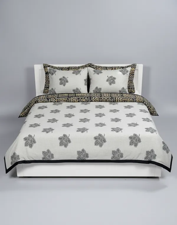 Dohar_Premium_100%_Cotton_Double_Bed_Botanical_Float_With_Global_Mosaic_All_Season_Reversible_Blanket_Soft,_Lightweight_And_Breathable_Ac_Blanket/For_Bed_Charcoal/Onyx_Black
